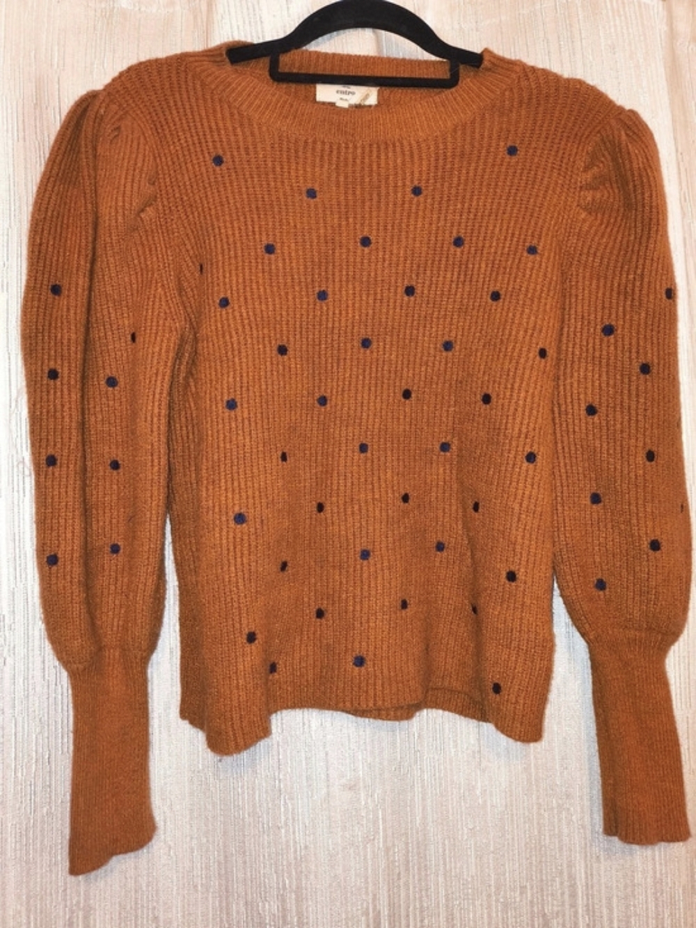Entro Burnt Orange Knit Sweater Navy Dotted Puff Sleeve Size M
